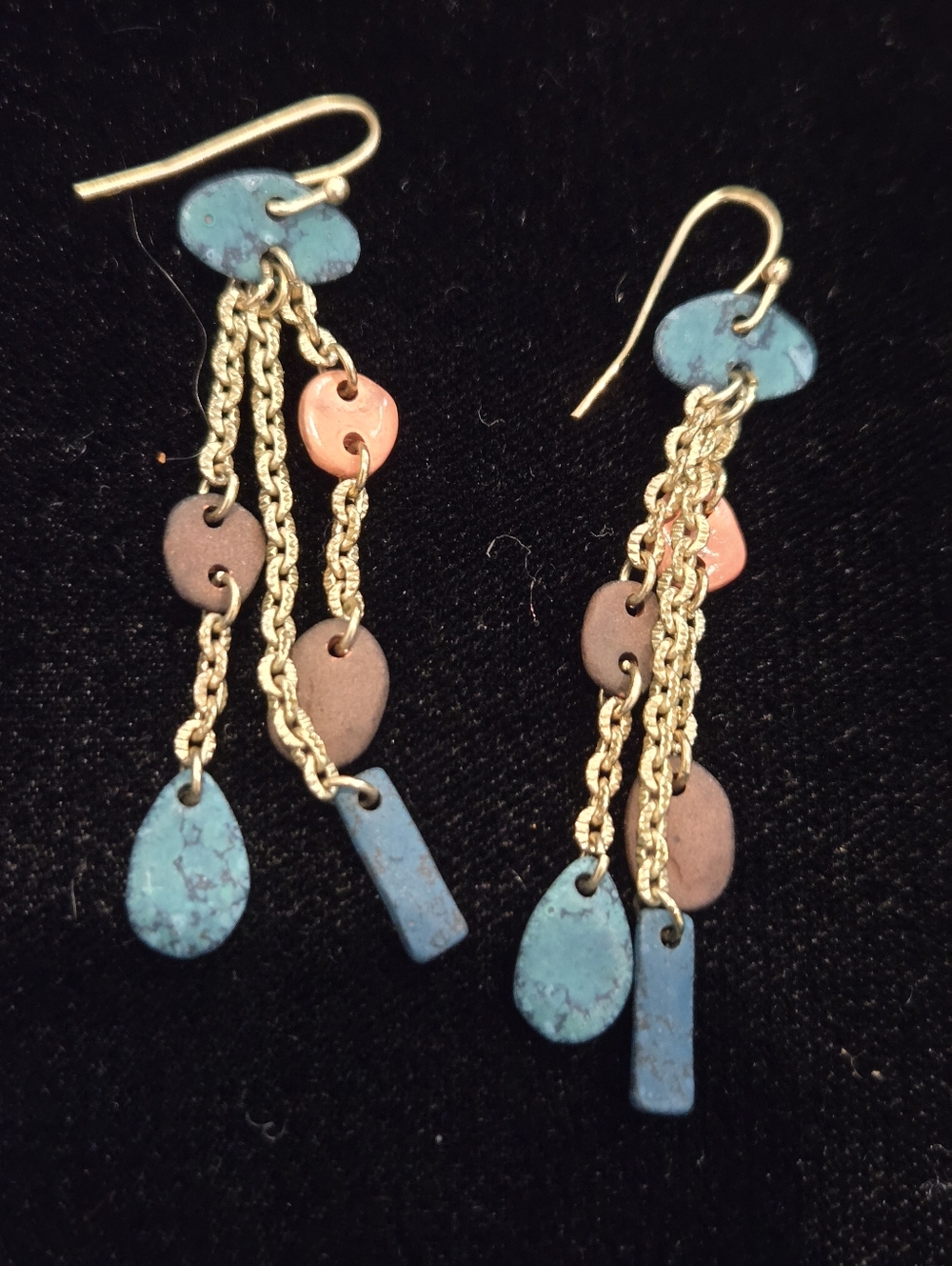 Gold Chain Dangle Earrings with Turquoise, Coral, and Brown Discs Karma Bella